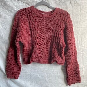 Madewell Size Medium Coral Red Cable Chunky Knitted Full Bubble Sleeve Sweater